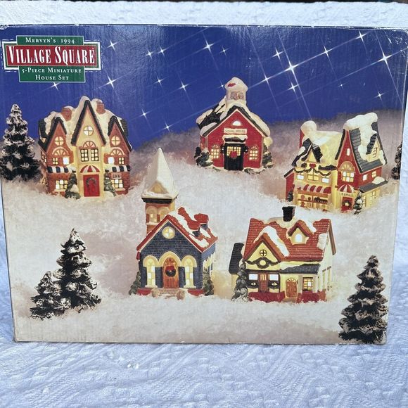 Mervyns 1994 Village Square 5 Piece Miniature House Set Vintage Christmas - Picture 1 of 7